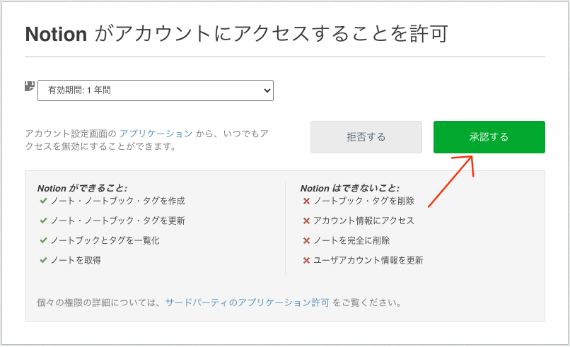Evernoteへのアクセス承認画面