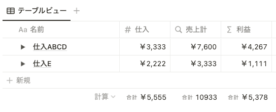 サブアイテムを折りたたんだ表示